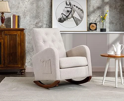 Modern Accent Rocking Chair, Upholstered Nursery Glider Rocker For Baby And Kids, Comfy Armchair With Side Pocket, Living Room Lounge Arm Chair, High Backrest With Decorative Buttons, Off White - Image 14