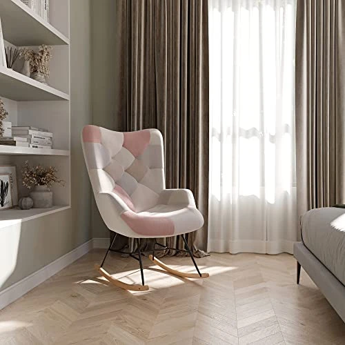 BELLEZE Colorful Patchwork Rocking Chair, Comfy Nursery Rocking Chairs Linen Upholstered Glider Rocker With Solid Wood Legs For Living Room Bedroom Nursery - Paramount (Patchwork B) - Image 6