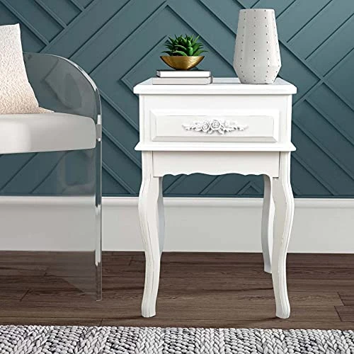 Westcharm White Vintage Nightstand | Queen Anne End Table | Wood Antique Shabby Chic Side Table | Small Wooden Victorian Bedside Table | Accent Table For Kids Room With One Drawer And Curved Legs - Image 4
