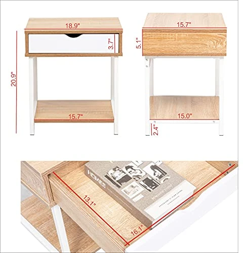 JJS Side End Table, Nightstand, Bedside Table With Drawer And Storage Shelves, Sofa Table For Living Room, Bedroom, Accent Furniture, Easy Assembly, Oak/White - Image 4