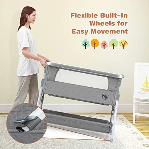BABY JOY Bedside Bassinet, Portable Baby Crib W/Mattress, Two-Side Breathable Mesh, 7 Height Adjustable, Large Storage, Wheels For Easy Movement, Crib For Newborn Infant, Bassinet For Baby, Grey - Image 4