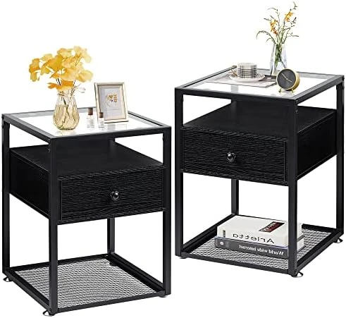 VECELO End Tables,Glass Top Nightstands With Drawer And Metal Frame,Set Of 2 For Living Room,Bedroom,Lounge,2 Set, Antique Brown - Image 8