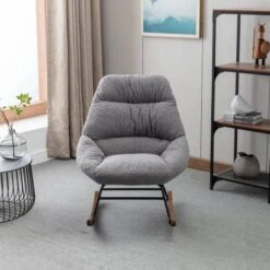 BOMENG Rocking Chair, Glider Rocker With Metal Frame & Solid Wood Base, Comfy Single Sofa Chair With High Back & Padded Seat, Lounge Chair For Living Room, Grey1