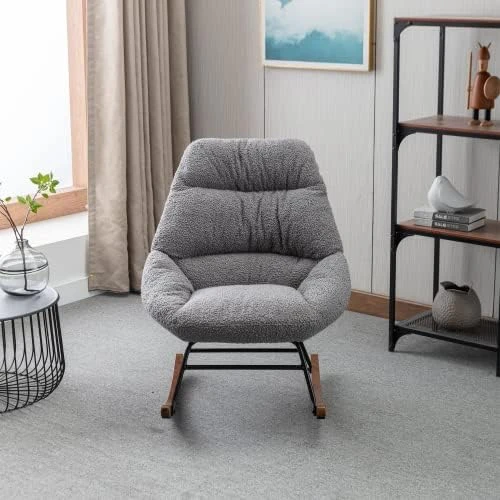 BOMENG Rocking Chair, Glider Rocker With Metal Frame & Solid Wood Base, Comfy Single Sofa Chair With High Back & Padded Seat, Lounge Chair For Living Room, Grey1 - Image 10