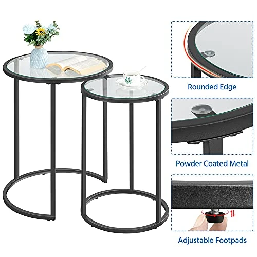 Yaheetech Round Nesting End Table Set Of 2,Stacking Side Tables,Coffee Tables Set W/Metal Frame & Glass Top & Protective Foot Pads For Small Space, Living Room, Office- Black - Image 3