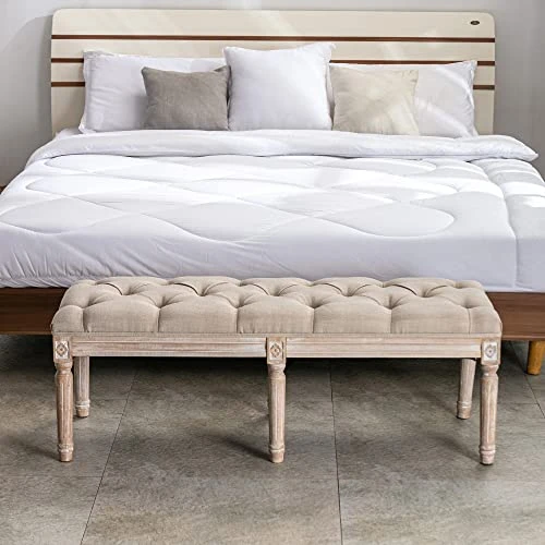 Chairus Fabric Upholstered Entryway Ottoman Bench - Classic Bedroom Bench With Rustic Wood Legs - Beige - Image 4