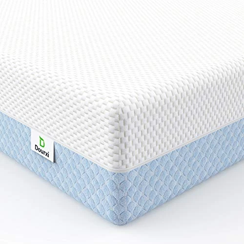 Dourxi Crib Mattress, Dual Sided Comfort Memory Foam Toddler Bed Mattress, Triple-Layer Breathable Premium Baby Mattress For Infant And Toddler W/Removable Outer Cover - White&Blue