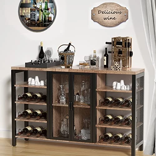 COZY EAGLE Industrial Wine Bar Cabinet, Coffee Bar Table With Storage & Rack For Liquor And Glasses For Home Kitchen, Dining Room, 55.2 Inch Rustic Oak - Image 2