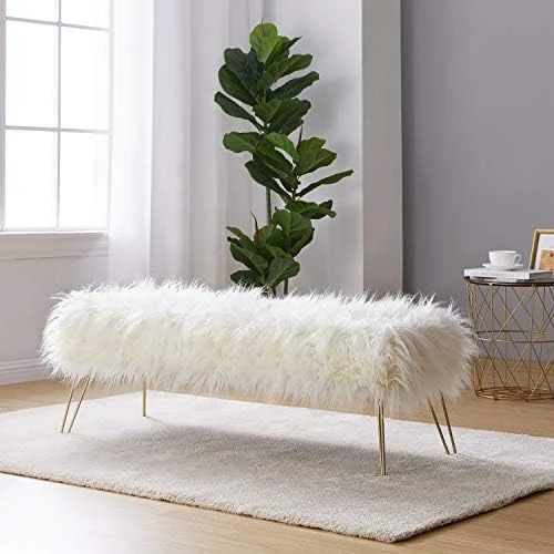 Ornavo Home Modern Contemporary Faux Fur Long Bench Ottoman Foot Rest Stool/Seat With Gold Metal Legs - 15" L X 45" W X 15" H (White) - Image 9