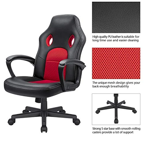 KaiMeng Office High Back Leather Computer Ergonomic Height Adjustable Racing Game Desk Executive Conference Task Chair, 19.5" X 20.1" X 44.2", Red - Image 3