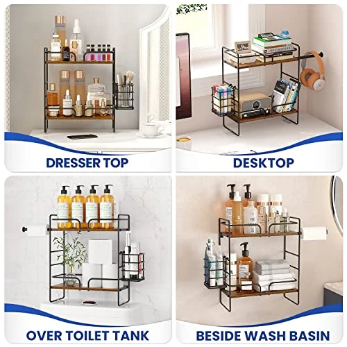 SEIRIONE 2-Tier Over The Toilet Storage Shelf,Wooden Toilet Shelf Organizer With Toilet Paper Holder Storage,Compact Bathroom Toilet Shelf Over Toilet Tank Tray With 3 Mounting Options,Rustic Brown