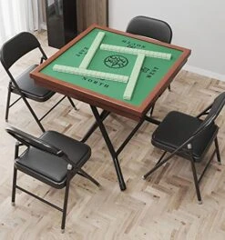 MEIMAI Wooden Mahjong Table, Foldable Card Table With Drawer, Wear-Resistant Nylon Desktop Majiang Table, Carbon Steel Bracket Square Dining Table For 4 Player Card Table, 35", Square,90