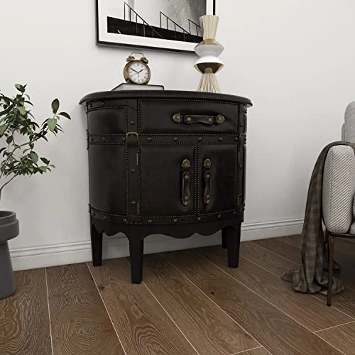 Deco 79 Wood Vintage Faux Leather Cabinet With Leather Buckle Straps And Stud Details, 32" X 17" X 31", Dark Brown - Image 4