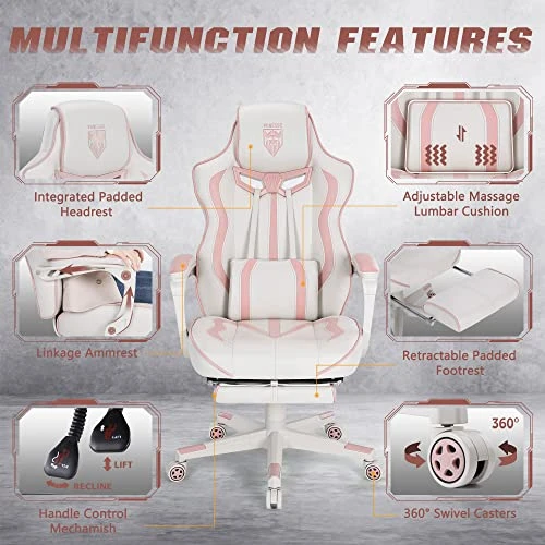 Vonesse Pink Gaming Chair PC Game Chair For Girls Racing Style Reclining Computer Chair With Footrest Office Swivel Ergonomic Gaming Computer Chair With Massage High Back Gaming Chairs For Adults - Image 3