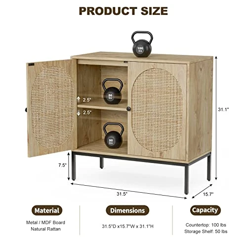 IKIFLY Set Of 2 Accent Storage Cabinet With Handmade Natural Rattan Doors - Rattan Sideboard Buffet Cabinet - Kitchen Cupboard Server Console Table For Dining Room, Bedroom, Hallway - Natural - Image 6