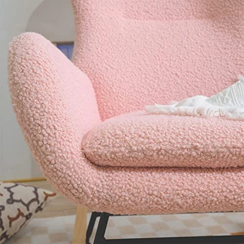 DFONCE Rocking Chair Nursery Upholstered Glider Chair With Rubber Wood Legs Side Pocket Comfy Side Chair Rocking Accent Armchair For Living Room Bedroom Offices (Pink) - Image 3