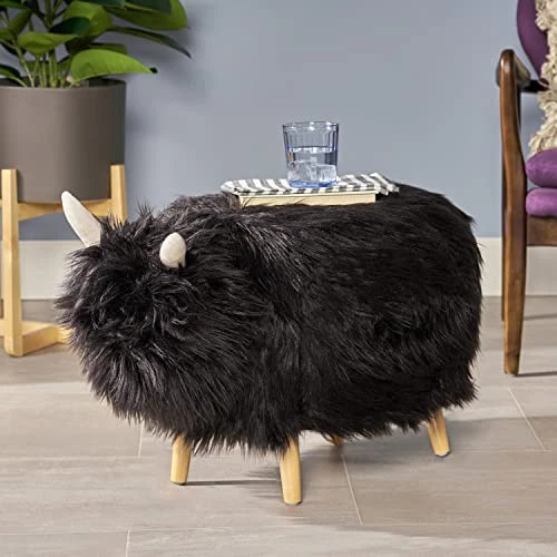 Christopher Knight Home Kamla Furry Yak Ottoman, Black, Natural Finish - Image 2