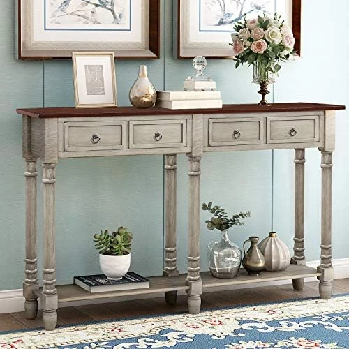 48'' Solid Wood Console Table, Modern Entryway Sofa Side Table With 3 Storage Drawers And 2 Shelves. Easy To Assemble (Blue) - Image 6