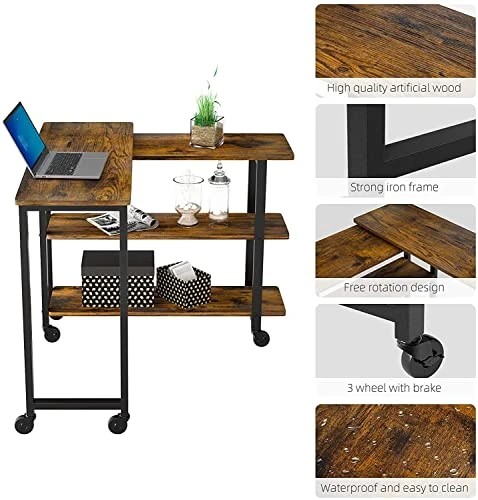 IDEALHOUSE 360° Rotatable Sofa Side Table Mobile End Table With 2-Tier Storage Shelves, Movable Laptop Table With Sturdy Metal Frame /6 Universal Casters, Couch Snack Table For Home (Rustic Brown) - Image 4