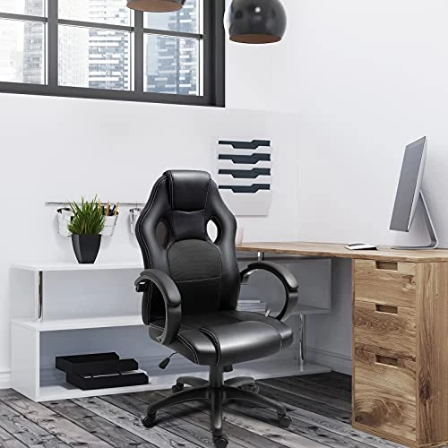 Polar Aurora Office Chair PU Leather Racing Style Computer Gaming Chairs Adjustable Swivel Desk Chair Black - Image 3