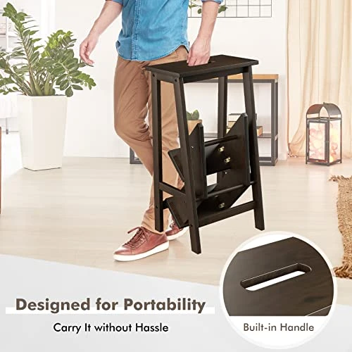 Giantex 3 Tier Folding Step Ladder, Multifunction 3-in-1 Wood Step Stool, Display Ladder And Storage Shelf For Library, Home Kitchen, Household Work, Brown - Image 2