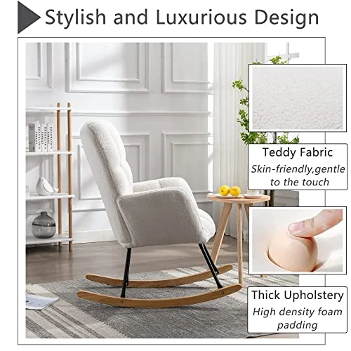 Krinana Teddy Fabric Nursery Rocking Chair, Rocker Armchair With Solid Wood Legs, Glider Chair Nursery With High Backrest For Living Room Apartment (Teddy Fabric, Ivory White) - Image 5