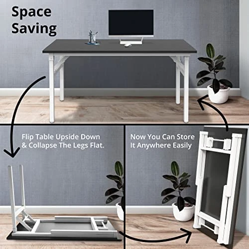 Halter Folding Desk Table, No Assembly Collapsible Computer Desk For Office, Bedroom, And Study - 47β Space-Saving Portable, Foldable Study Table - Black Table Top, White Frame - Image 5