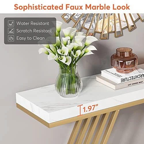 Tribesigns 42 Inches Modern Gold Console Table With Geometric Metal Base, White Faux Marble Narrow Entryway Table Foyer Table For Entrance, Living Room, Hallway, Entryway - Image 4