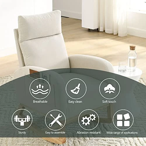 Krinana Nursery Rocking Chair With Solid Wood Legs, Glider Chair For Nursery With Two Side Pockets, Rocker Armchair For Living Room Bedroom (Beige, Linen Fabric) - Image 5
