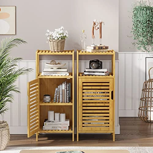 VIAGDO Bamboo Cabinet, Bathroom Storage Cabinet With Single Door And Shelf, Freestanding Bathroom Cabinet, Kitchen Cupboard, Sofa Side Table For Living Room/Hallway/Bedroom/Kitchen - Image 5
