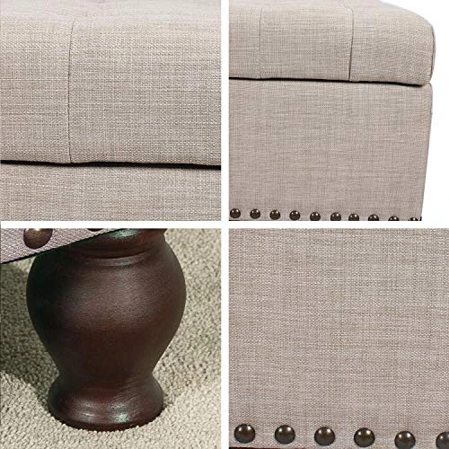 Asense Linen Fabric Rectangle Tufted Lift Top Storage Ottoman Bench, Footstool With Solid Wood Legs Upholstered Storage Bench (Noble Beige)