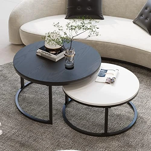 WiberWi Round Coffee Table Nesting Tables Set Of 2, Large : Γ 34.0", Small : Γ 26.0", Modern Design Coffee Tables For Living Room, Gold Metal Frame Circle Cocktail Table, High Glossy Faux Black Marble - Image 8