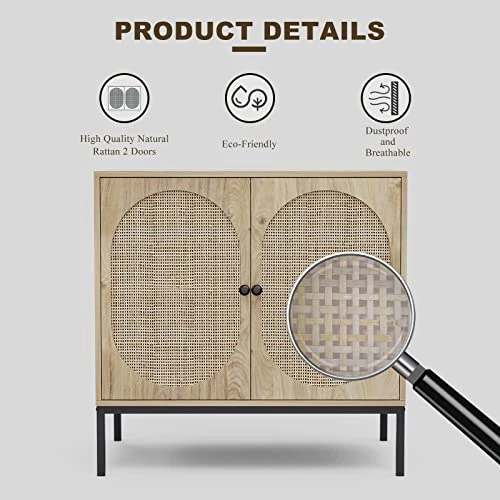 IKIFLY Set Of 2 Accent Storage Cabinet With Handmade Natural Rattan Doors - Rattan Sideboard Buffet Cabinet - Kitchen Cupboard Server Console Table For Dining Room, Bedroom, Hallway - Natural - Image 5