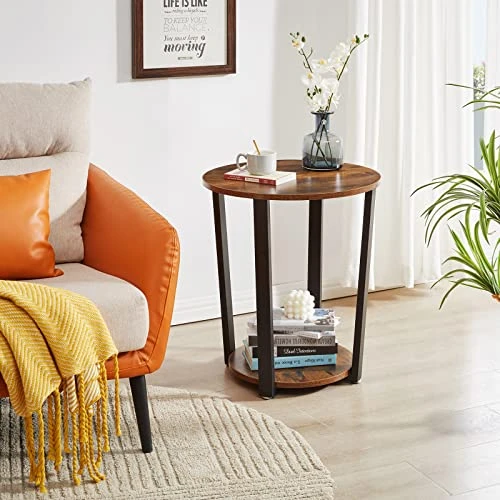 YMYNY Industrial End Table, 2 Tier Round Side Table With Sturdy Metal Frame, Vintage Nightstand For Living Room, Bedroom, Set Of 2, With Storage, Easy Assembly, Rustic Brown UHTMJ020H-2 - Image 3