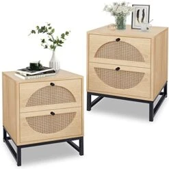 AWQM Rattan Nightstand Set Of 2,Farmhouse End Table Set Of 2,Wood Sofa Side Table,Accent Table With Storage, Bedside Table Accent Storage Cabinet For Bedroom Living Room,Metal Legs,Beige
