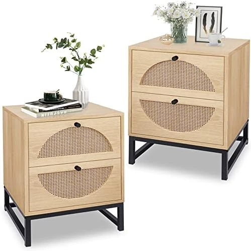 AWQM Rattan Nightstand Set Of 2,Farmhouse End Table Set Of 2,Wood Sofa Side Table,Accent Table With Storage, Bedside Table Accent Storage Cabinet For Bedroom Living Room,Metal Legs,Beige - Image 9