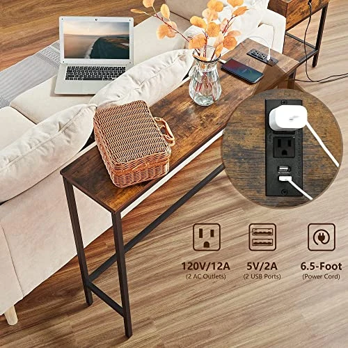 ELYKEN Console Sofa Table With Power Outlets For Entryway, 9.8" Dx39.4 Wx31.1 H Long Skinny Behind Couch Table With Metal Frame And 6.5β Extension Cord For Hallway Foyer Entrance - Image 4
