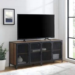 Walker Edison Malcomb Urban Industrial 4 Door Metal Mesh TV Console For TVs Up To 65 Inches, 60 Inch, Rustic Oak