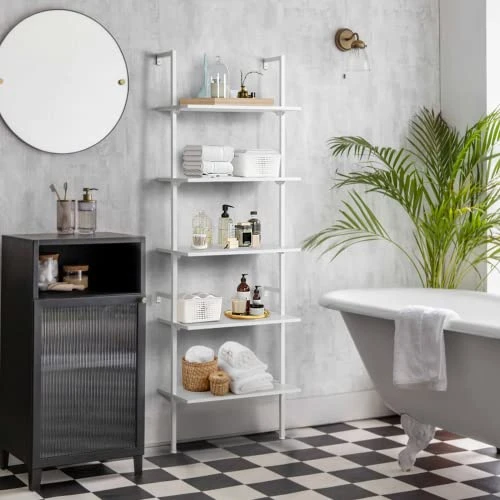 MELLCOM 5 Tier Industrial Ladder Shelf, Wood Modern Bookshelf With White Metal Frame, Wall-Mounted Plant Flower Storage Organizer For Living Room, Bathroom, Kitchen, Balcony - Image 5