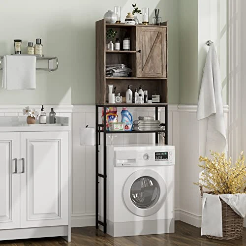 Over The Toilet Storage Cabinet, 4-Tier Bathroom Organizer Shelves, Toilet Organizer Rack With With Cupboard And Hooks, Easy Assembly, Light Gray - Image 5