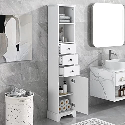 P PURLOVE Bathroom Storage Cabinet, Narrow Tall Slim Floor Cabinet With Drawers And 3 Tier Open Shelves, Tall Storage Cabinet With Door And Adjustable Shelf, For Bathroom, Living Room, Kitchen, Grey - Image 11