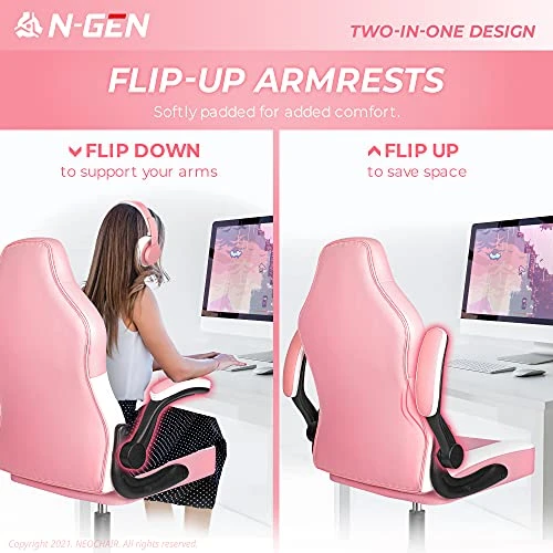 N-GEN Gaming Chair Ergonomic Office Chair PC Desk Chair With Lumbar Support Flip Up Arms Levelled Seat Style Headrest PU Leather Executive High Back Computer Chair For Adults Women Men (4. Peach Pink) - Image 3
