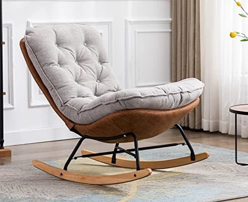 Kmax Rocking Chair Nursery Tufted Accent Glider Chair With Tufted Linen Fabric Cushion PU Leather Base For Baby Nursery Bedroom Living Room, Light Grey - Image 9
