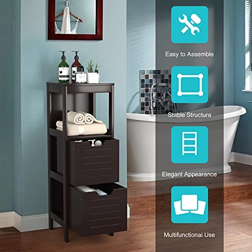 Hysache Bathroom Floor Cabinet, Standing Storage Cabinet With 2 Adjustable Drawers, Open Shelf, Multifunctional Side Organizer Unit For Bathroom, Living Room, Small Spaces (Coffee) - Image 3