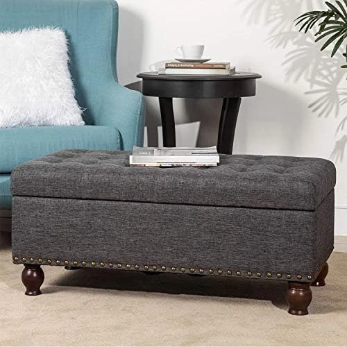 Asense Linen Fabric Rectangle Tufted Lift Top Storage Ottoman Bench, Footstool With Solid Wood Legs Upholstered Storage Bench (Noble Beige) - Image 7