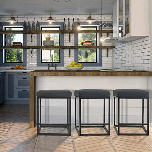 HERA'S PALACE Bar Stool Counter Height Modern Barstools Bar Height Without Back, 24" Leather Bar Chairs Industrial With Footrest For Kitchen, Living Room, Dining Bar, Indoor, Black - Image 5