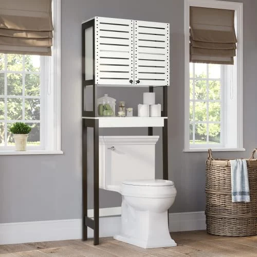 VOWNER Over The Toilet Storage Cabinet, 3-Tier Bathroom Organizer With Louvered-Style Doors And Adjustable Shelf, White And Coffee Brown MDF Board