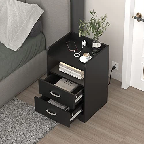 HOSEOKA Nightstand With Charging Station And LED Lights, Modern Nightstands End Table With 2 Drawers With USB Ports Bedside Tables For Office Living Room Bedroom (Black) - Image 5