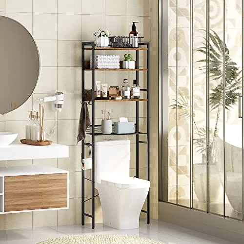 HOME BI Over The Toilet Storage Shelf ,Bathroom Organizer Over The Toilet Storage 4-Tier ,Wooden Freestanding Toilet Shelf For Space Storage Toilet With Hooks(Rustic Brown)