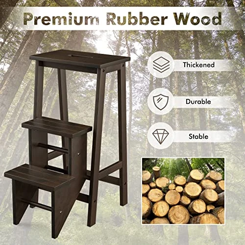 Giantex 3 Tier Folding Step Ladder, Multifunction 3-in-1 Wood Step Stool, Display Ladder And Storage Shelf For Library, Home Kitchen, Household Work, Brown - Image 4